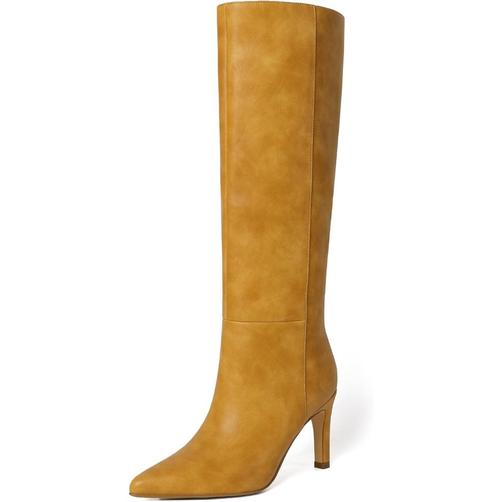 Women's Yellow Knee High Boots Pointed Toe Stiletto Tall Side Zipper Dress
